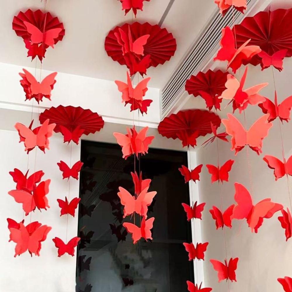 Nova Bandeira de Borboleta Vermelha Estilo Chinês Artesanato DIY Ornamento para Pendurar no Teto Ventilador de Papel Tradicional Decoração Celebração de Casamento