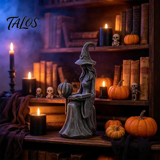 Spooky Garden Sculpture Halloween Witch Statue, Gothic Figurine with Pumpkin And Book, Matte Black Desktop Shelf Ornament Sculpture, Mantel