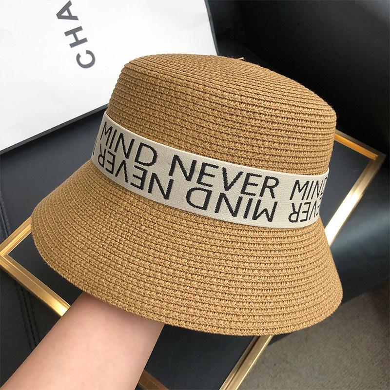 Retro Letter Straw Hat Women's Summer Big Head Circumference Face Covering Holiday Seaside Beach Sunshade Sun Hat