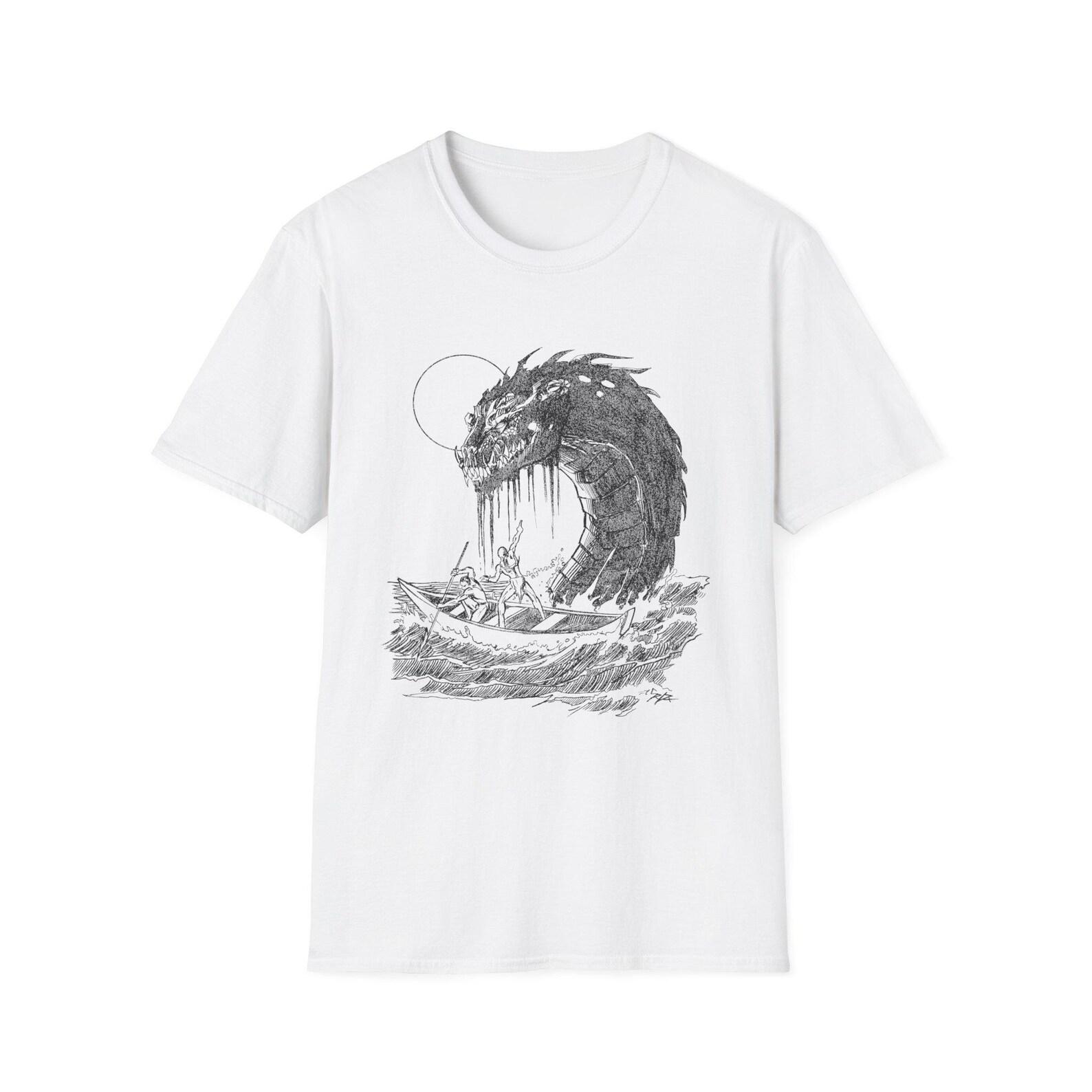 Dragon Wave T-Shirt, Artistic Graphic Tee, Fantasy Sea Monster 4XL