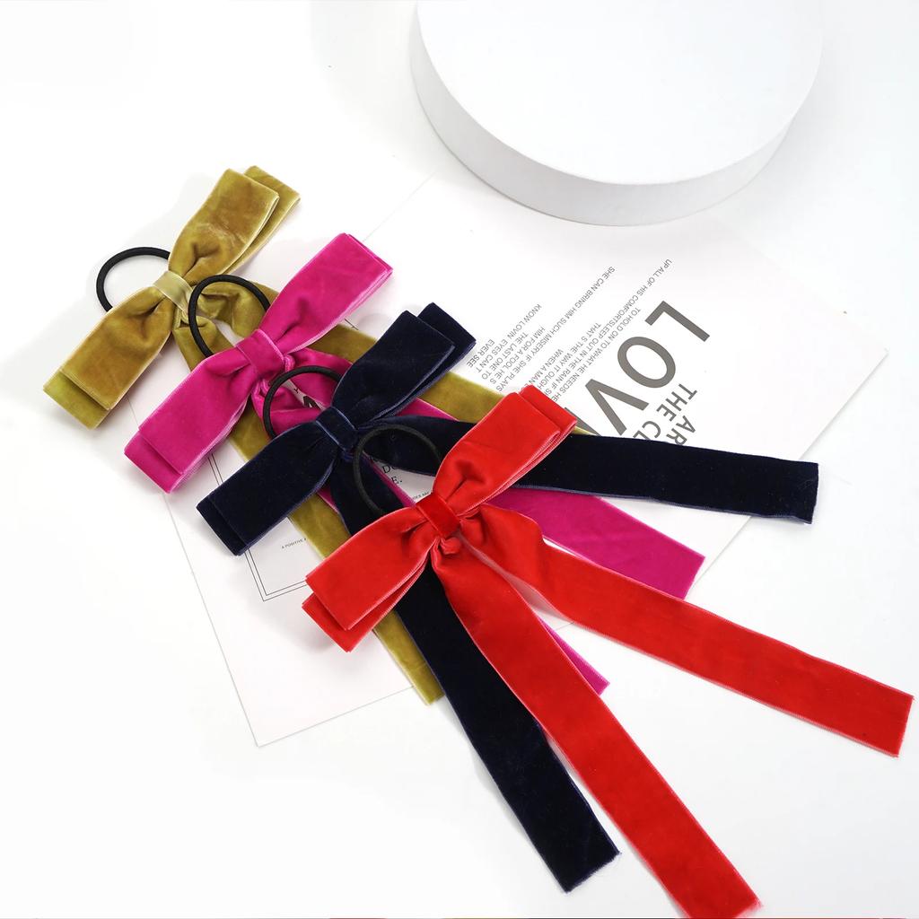 5Pcs Velvet Cheer Bow Large Big Bow Hair Ring Knotted Cheer Bow Women Ponytail Hair Ties Solid Color Rubber Band Hair Accessorie