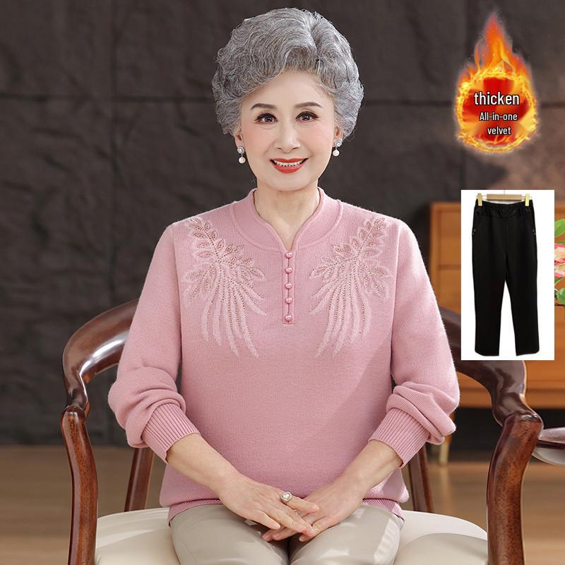 Cozy Winter Sweater for Elderly Women: Velvet-Lined, Half-High Collar, Stylish Base Layer for Autumn.