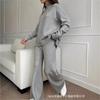 Womens Solid Color High Neck Knit Set Casual Loose Fit Wide Leg Pants Two Piece Outfit Winter
