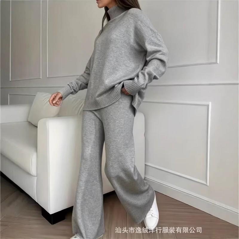 Womens Solid Color High Neck Knit Set Casual Loose Fit Wide Leg Pants Two Piece Outfit Winter