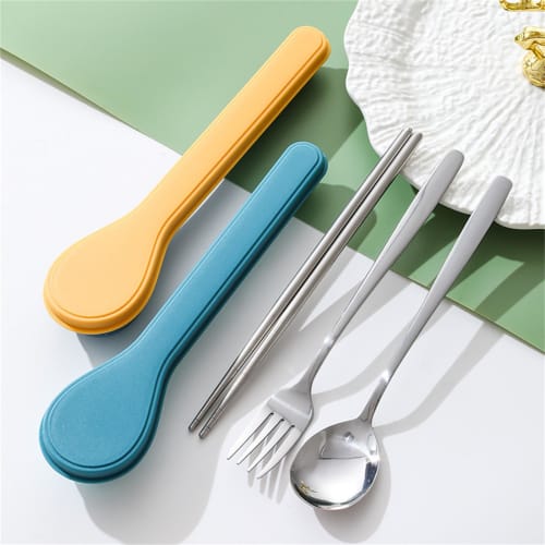 Stainless steel 3-piece cutlery set including chopsticks, fork, and spoon. Lightweight and convenient, portable tableware set with a convenient case f