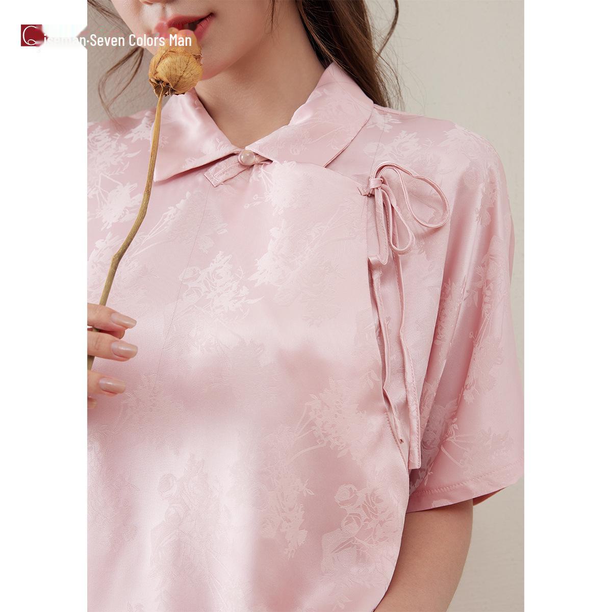 

Антибактериальный атласный женский пижамный комплект в китайском стиле Ice Silk с короткими рукавами на лето M