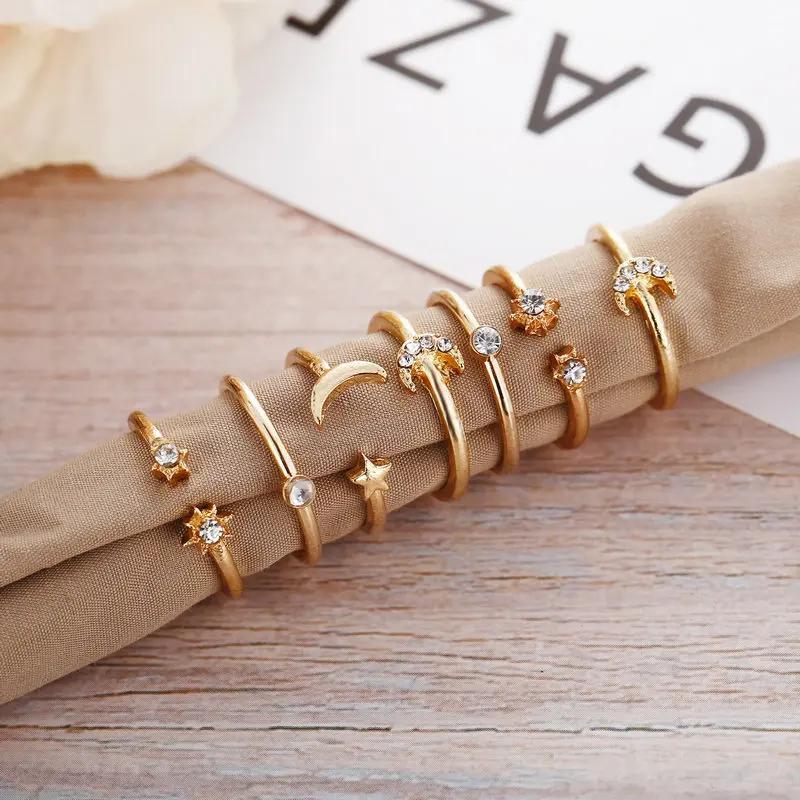 Bohemian Style New Set Ring Personalized 9-piece Love Butterfly Star Moon Set Crystal Combination Rings for Women Girls Zircon