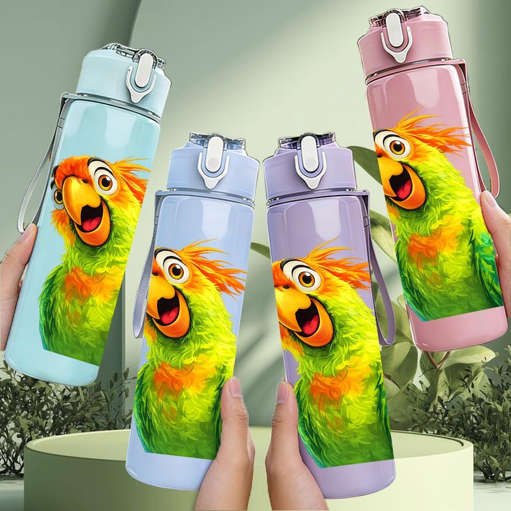 1PC Bright Green Parrot Bird Cartoon Print 750ml Color Plastic Sports Water Bottle Leakproof Flip Straw Lid Suitable for Sports Office Home Use
