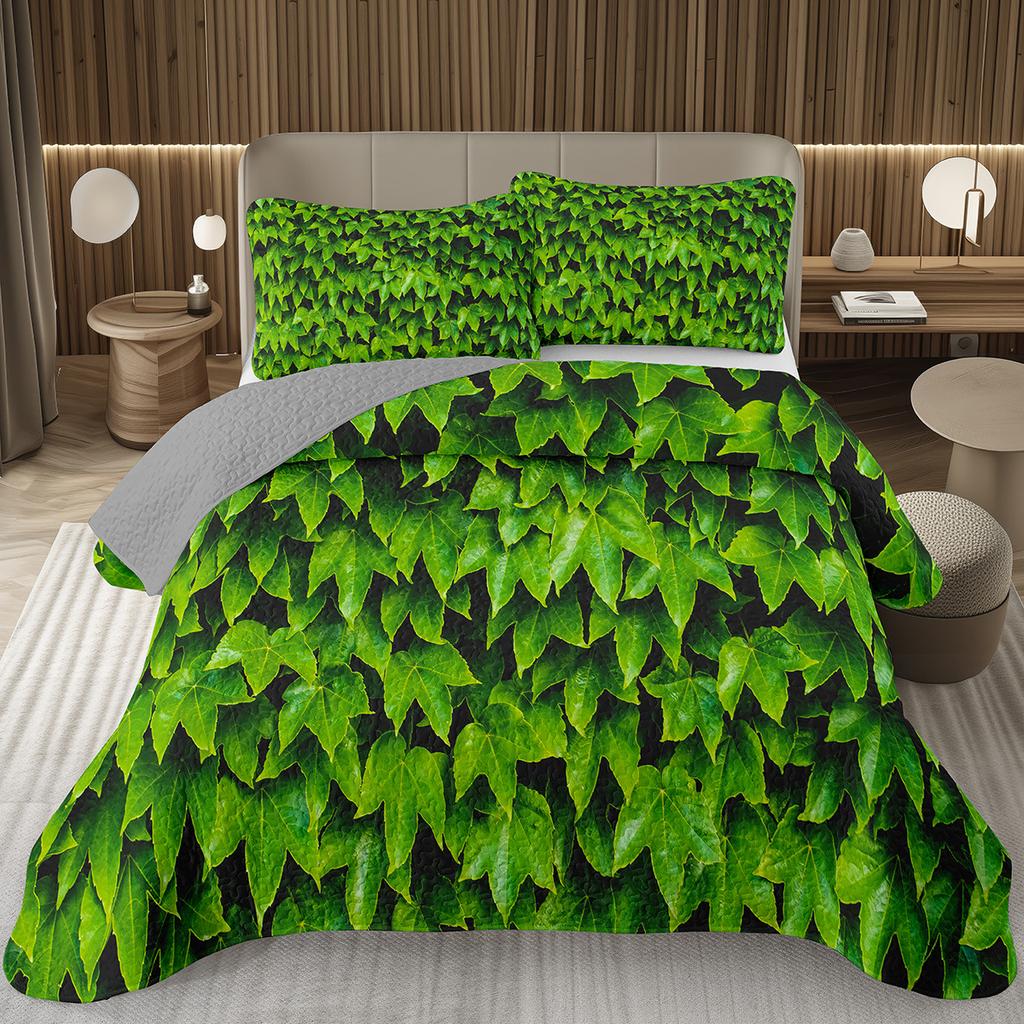 Grüne Blätter Tagesdecke Einzel- Doppelgröße Bauernhaus Botanische Pflanze Tagesdecken-Sets Frühling Natur Blatt Quilt-Set für Kinder Teenager Erwachsene