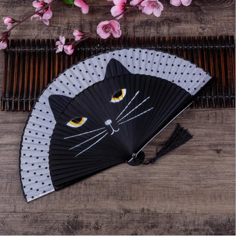 Cartoon Cat Painted Folding Fan Vintage Bamboo Silk Hand Fan Craft Home Decoration