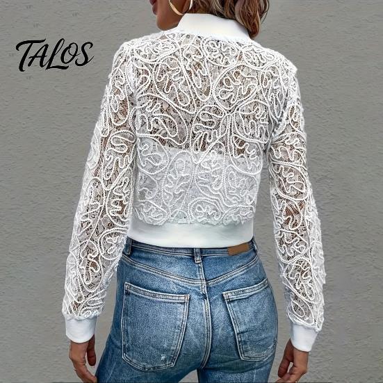 Floral Print Jacket Women's Lace Jacket, Sexy See Through Long Solid Color Women Sleeve Crop Coat, Zip-Up Sheer Lightweight Outerwear Casual