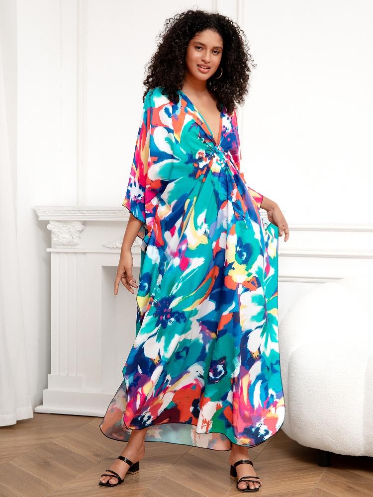 EDOLYNSA Green Printed Bohemian Long Dress Women Robe Kaftan House robe Outfit Plus size Lounge wear Beach dress Q1289