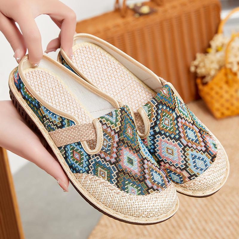 CRLAYDK Retro 2024 Summer Women's Bohemian Woven Casual Shoes Slip On Travel Slides Flats Lady Home Outdoor Walking Sneakers