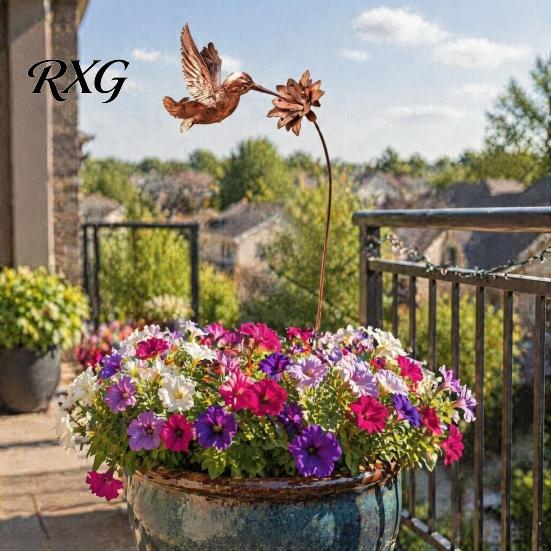Decorative Metal Stakes for Yard Wrought Iron Hummingbird Flower Garden Stake, Art, Weatherproof Inserts Anti-Rust Decor Sign Balcony Windowsill