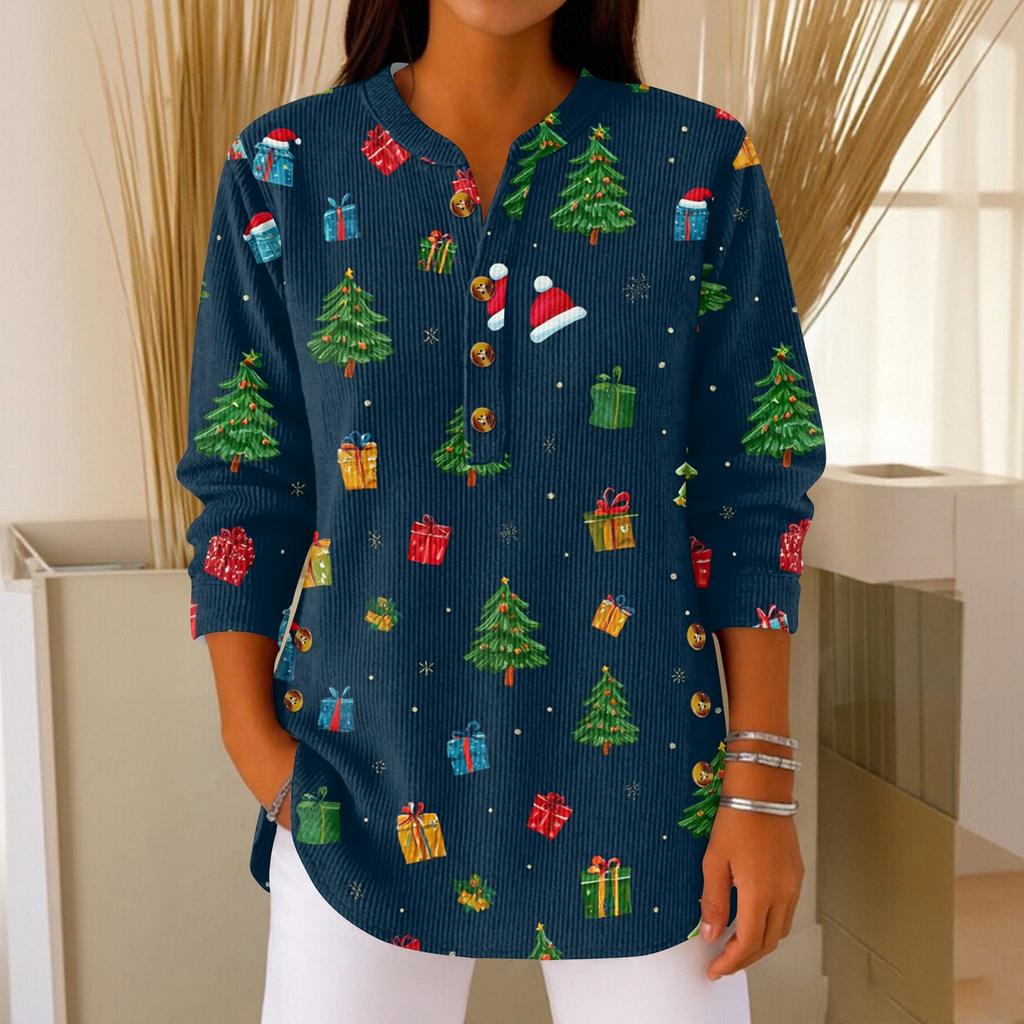 Women's Fashionable Button Collar Long-sleeved Christmas Print Pullover Top