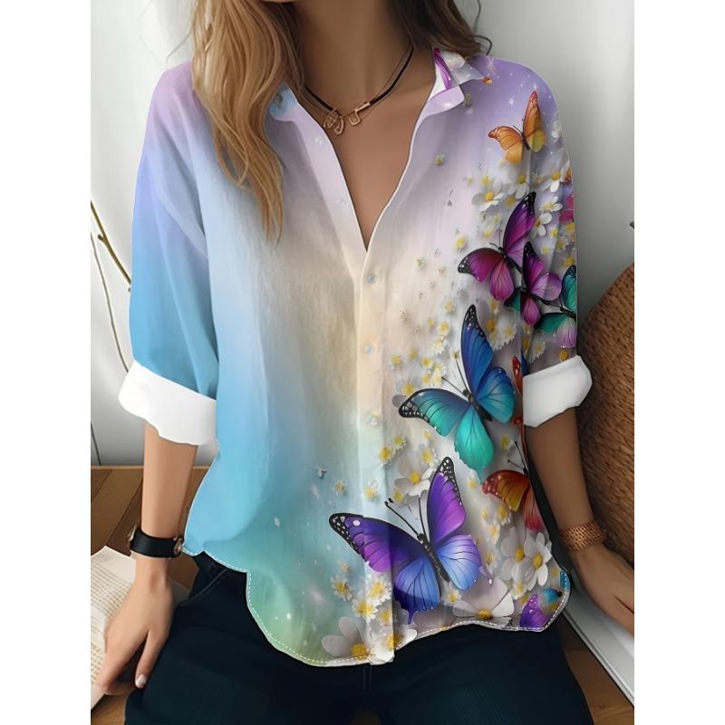 Women's Long Sleeve Casual Shirt with Vibrant Butterfly & Floral Print - Lightweight Polyester, Machine Washable