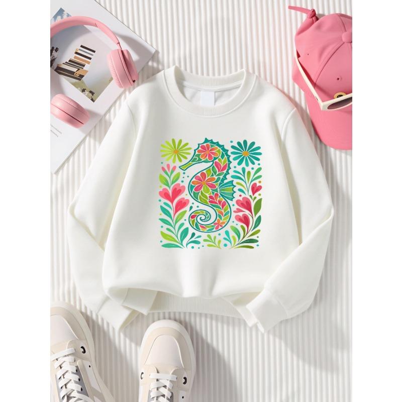 European Sizes Kids' Sweatshirts, Girls' Autumn Winter Colorful Floral Seahorse Print Long Sleeve Round Neck Sweatshirt, Casual Daily Wear.