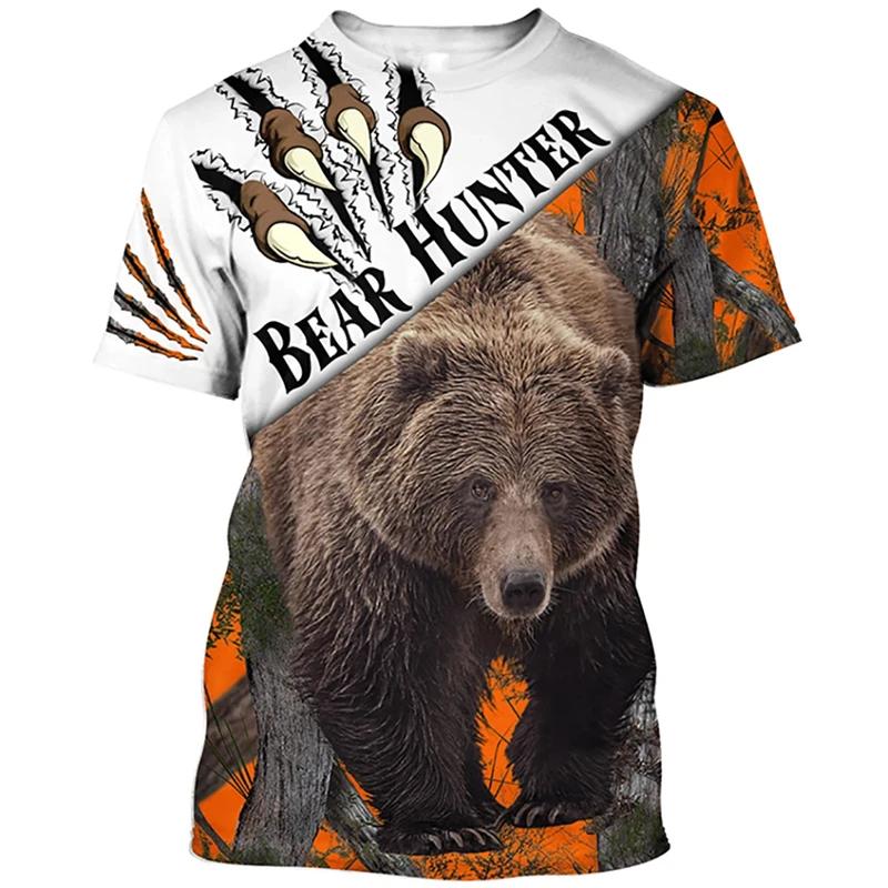 Pánské outdoorové lovecké tričko s 3D potiskem zvířete medvěda, ležérní streetwearové tričko s O-výstřihem a nadměrnou velikostí