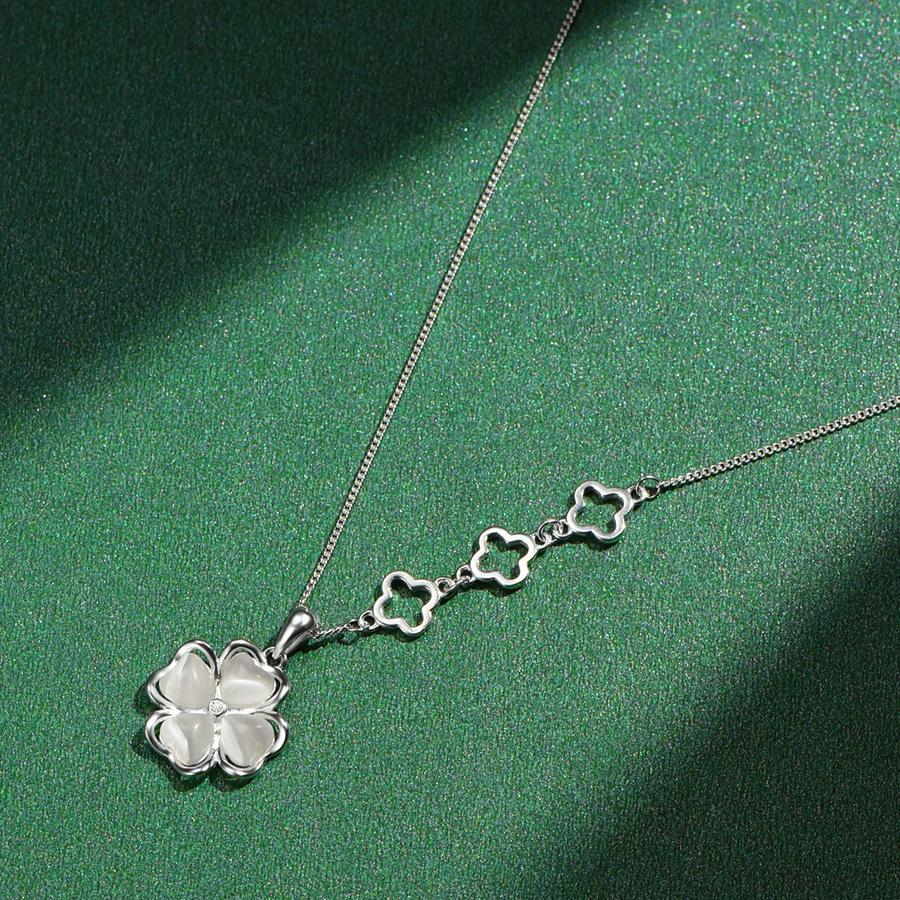 

Серебряное ожерелье на ключицу «Кошачий глаз» с четырехлистным клевером - Элегантный кулон в стиле мори Pure Silver