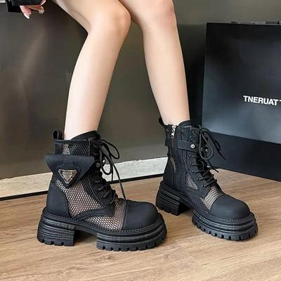 Mode Punk Métal Décoration Maille Respirante Bottes Femmes 2025 Été Plateforme Épaisse Talon Haut Bottines Mode Chaussures à Semelle Épaisse