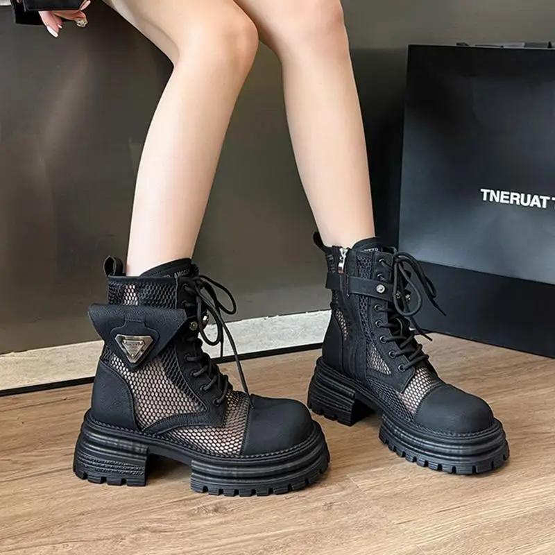 Fashion Punk Metal Decoration Breathable Mesh Boots Women 2025 Summer Chunky Platform High Heel Ankle Boots Fashion Thick Bottom Shoes
