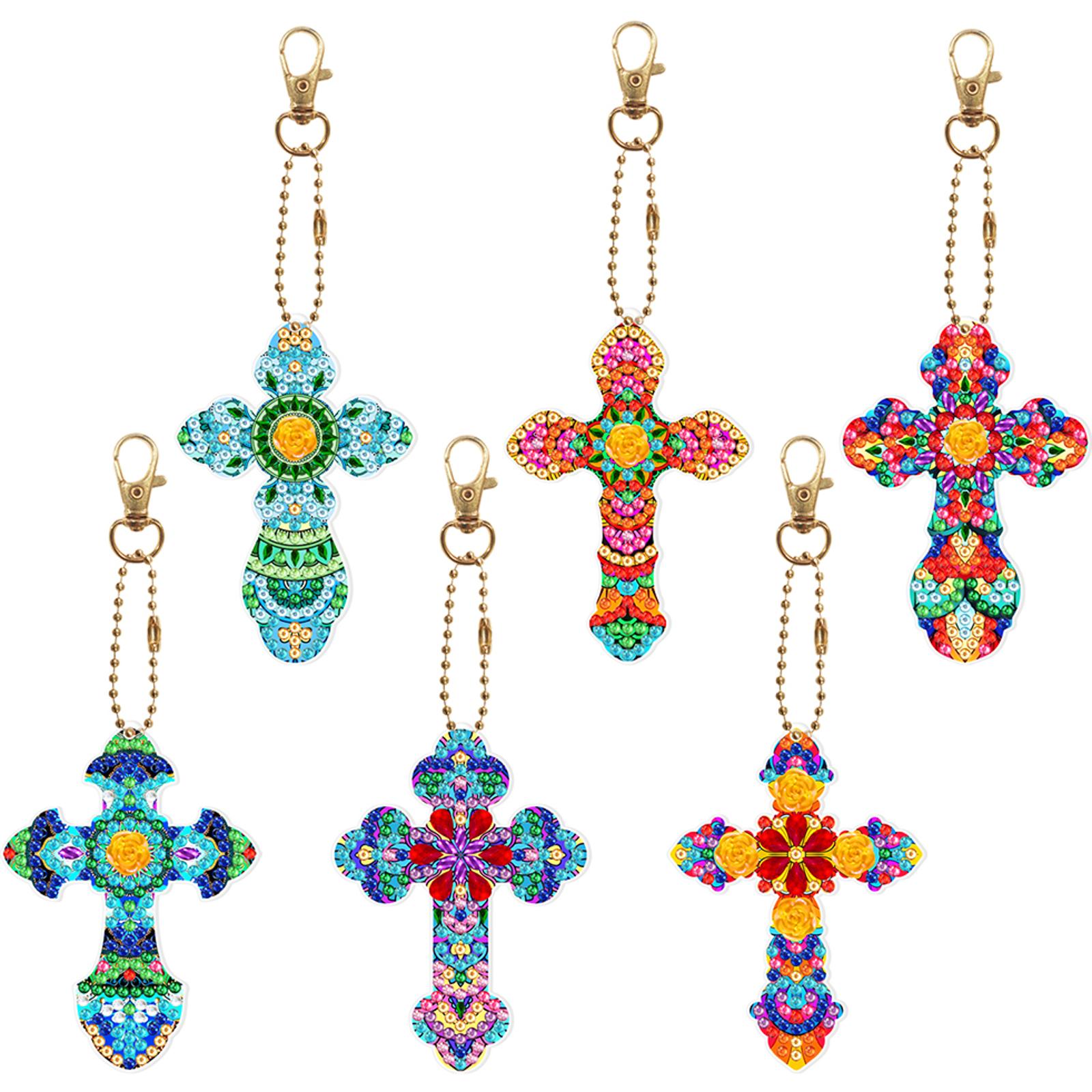 6 шт. Брелоки с крестообразными драгоценными камнями, Набор для алмазной мозаики, Сделай сам, Брелоки с дрелью специальной формы, Подвеска со стразами, Двусторонняя подвеска для женской сумки
