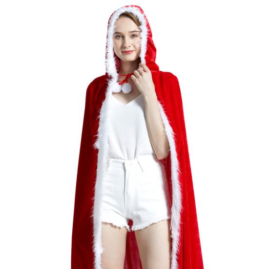 Fur Ball Decor Hooded Flurry Trim Lace-up Christmas Cloak Women Long Type Thick Warm Xmas Cape Party Costume