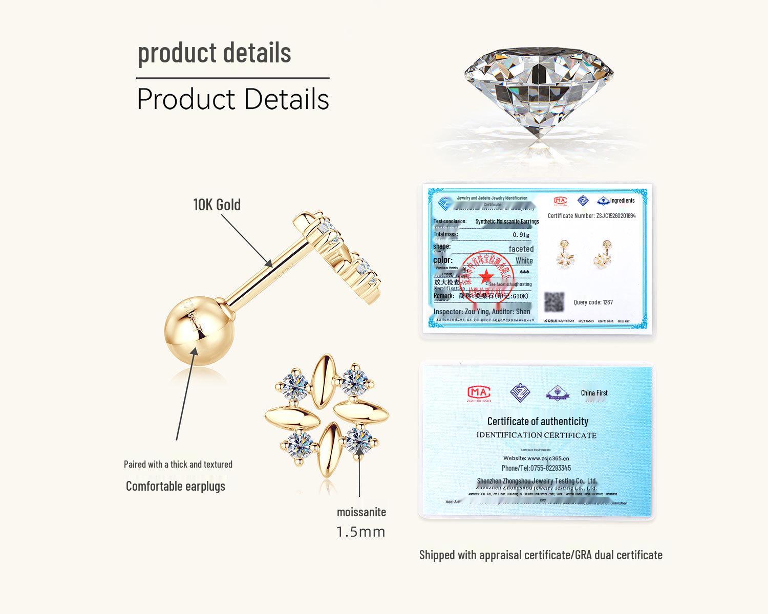 

Women s 10k Gold Moissanite Clover Stud Earrings - Korean High-End INS Style Jewelry 10K Gold - 0.06 Carat + 0.06 Carat золотой