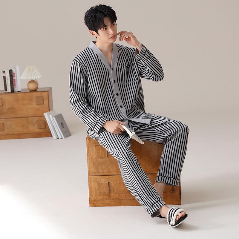 Pijama Masculina de Algodão de Manga Comprida com Listra V e Cardigan - Roupa Casual para Primavera/Outono