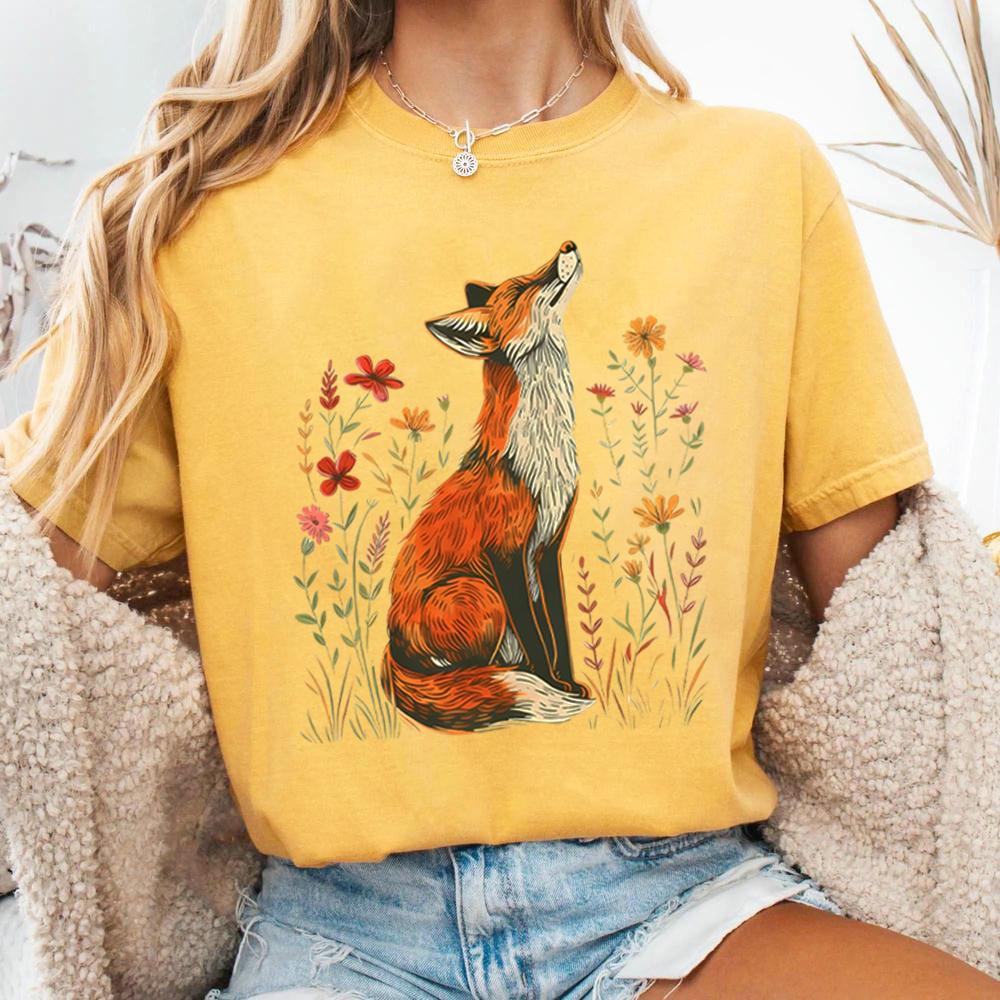 Vintage Wildflower Fox Comfort Shirts Light Academia Cottagecore Forestcore Whimsical Shirt Casual Daily Y2K Top Streetwear