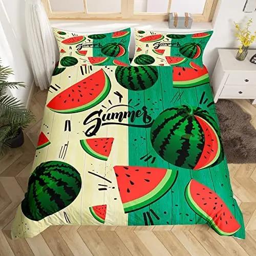 Hello Summer Duvet Cover Set Watercolor Watermelon Fruits Bedding Set Summer Holiday Theme Blue Rustic Cabin Comforter Cover