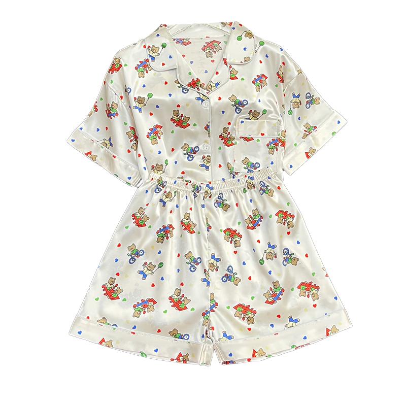 Letni Nowy Damski Słodki Satynowy Zestaw Piżamy z Kwiatowym Wzorem Krótki Rękaw+Spodnie Damskie Uroczy Strój Domowy Codzienny