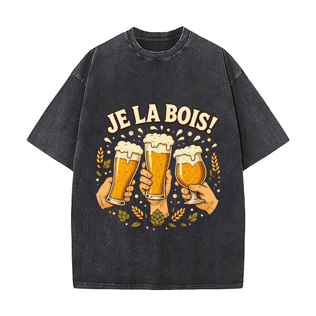 Funny French Beer Cheers Quote Graph Loose Solid Distressed T Shirt American Casual Crew Neck Top