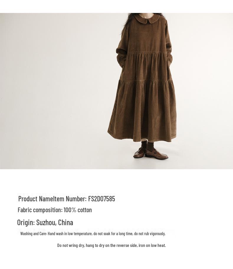 Japanese Style Corduroy Doll Collar Autumn A-Line Long-Sleeve Dress