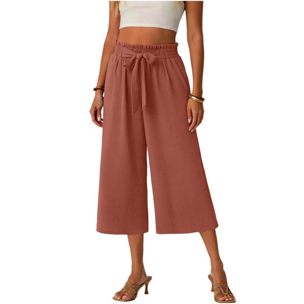 Women's Summer Lace-Up -Color Loose-Fit Straight-Leg 7/8-Length Pants With Pockets And Lace-Up Elastic Waistband