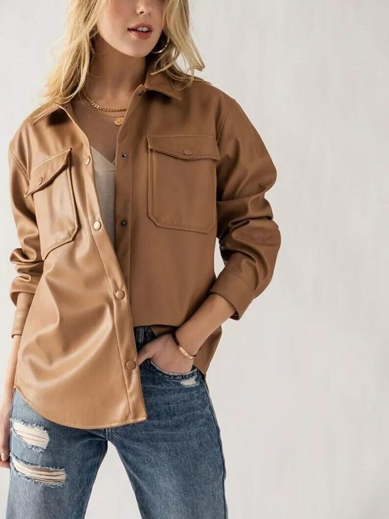 Casual Stylish Biker Tan Women's Shirt Genuine Lambskin Leather Handmade Soft
