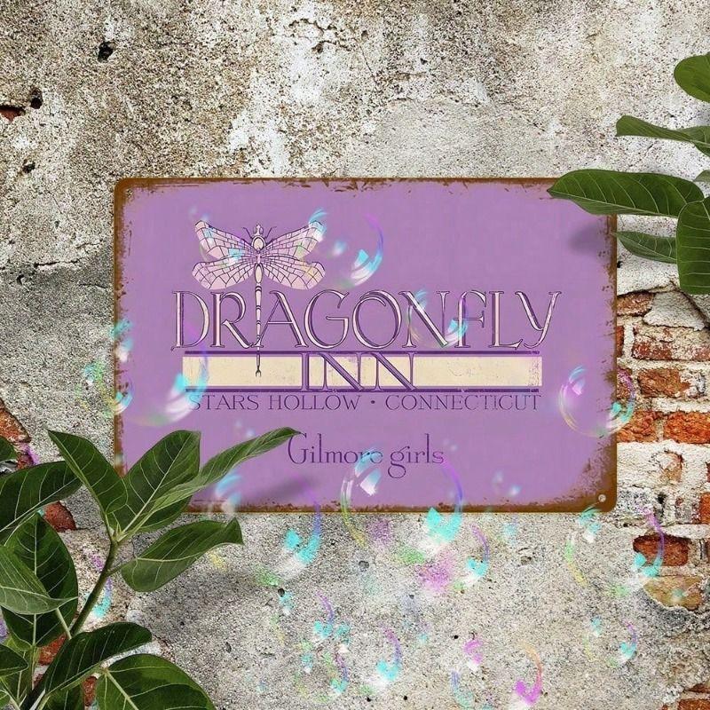 Metallic Wall Poster Retro Dragonfly Inn Vintage Bar Decor