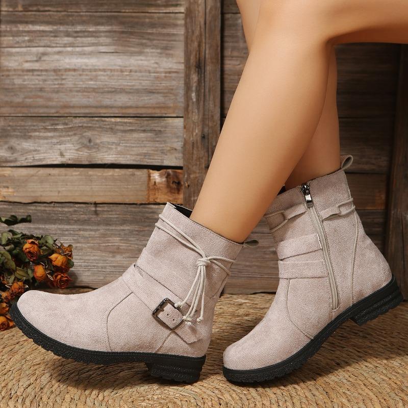 Fall/Winter New Arrival Round-Toe Side-Zip Low-Heel Oversized Short Boots Flat-Sole Buckle-Fastening Suede Martin Boots