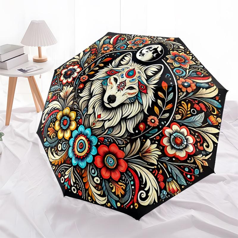 1pc Wolf Mandala Automatic Open/Close Umbrella - Portable Collapsible Umbrella with 8-Rib Stability, Fashion Lovers Yy251017104