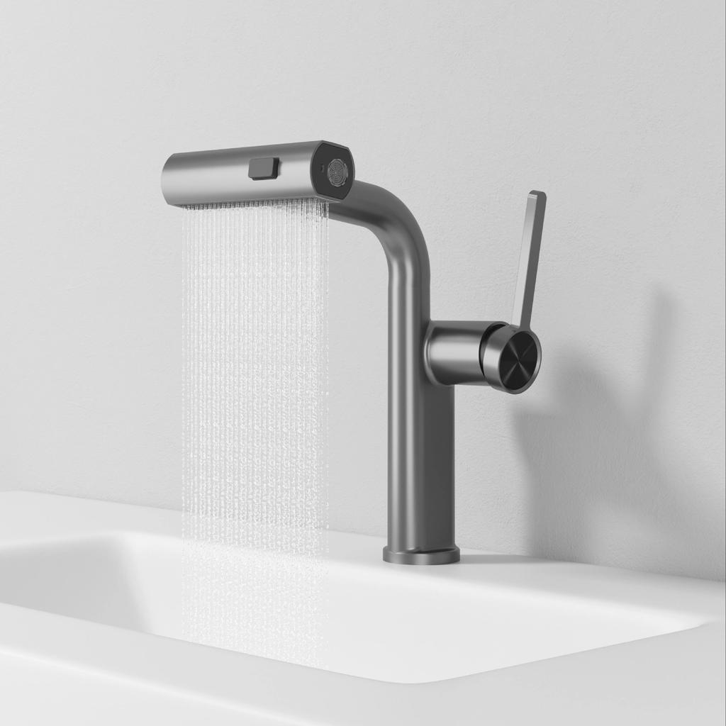 Brass Waterfall Bathroom Basin Faucet Gray/Brushed Gold Pull-out Washbasin Hot And Cold Mixed Basin Tap