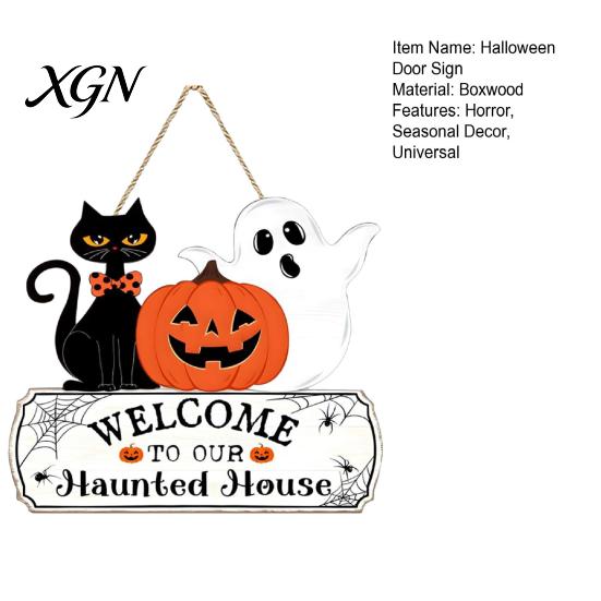 Fall Porch Decorations Halloween Wood Welcome Door Sign, Pumpkin Ghost Black Cat Hanging Decor for Rustic Farmhouse Wall Front Door, Art Indoor
