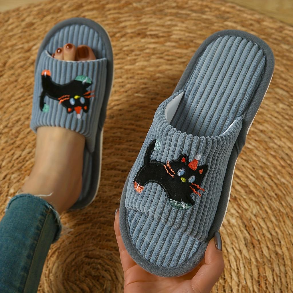 Cute Cartoon Cat Slip-On Slippers with Santa Hat & Striped Design - Non-Slip EVA Sole, Soft Fabric Indoor House Shoes for Men & Women,
