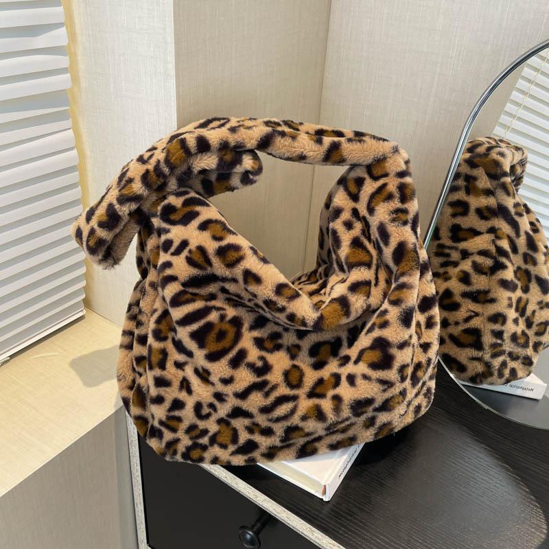 Large Capacity Leopard Women Shoulder Bags Faux Fur Messenger Bag Ladies Plush Hobos Crossbody Vintage Fashi Female Handbags