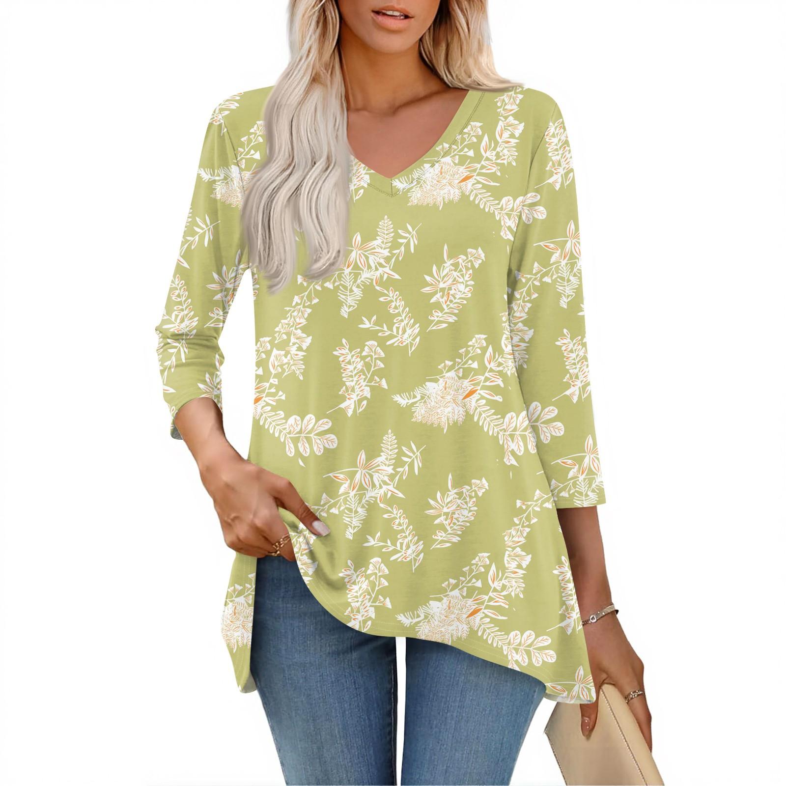 

Женские топы с V-образным вырезом и рукавом 3/4, повседневные блузки средней длины, модные туники с принтом XL жёлтый