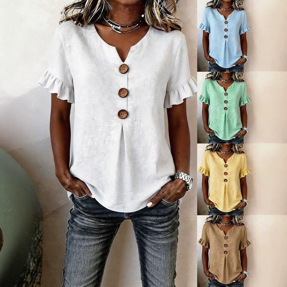 Women Solid Color V Neck Short Sleeve Button Casual T Shirt Top