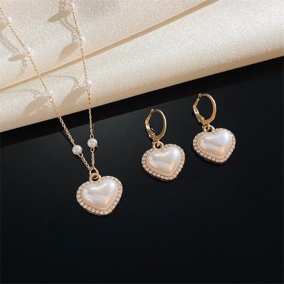 Pearl Heart Shape Elegant Jewelry Sets For Women French Pendant Necklace Drop Earrings
