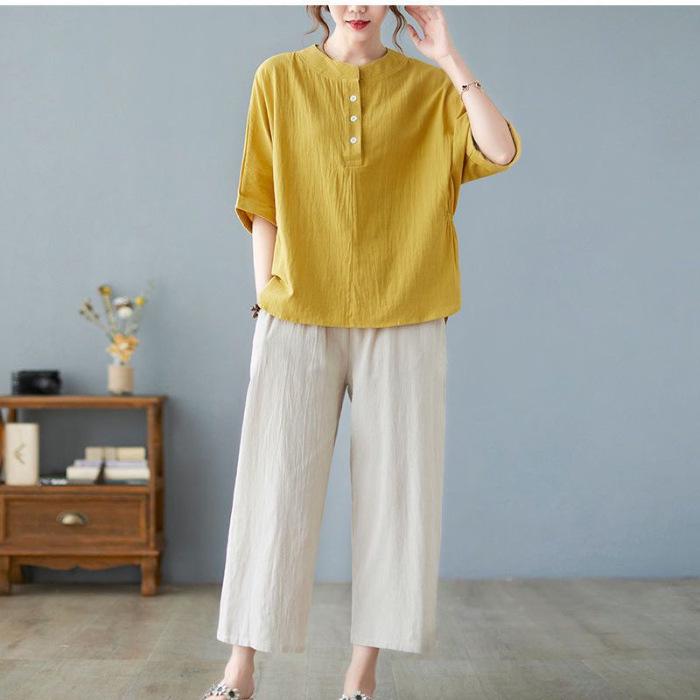 Plus Size Cotton Linen Chic Casual Sports Suit with Five-Point Sleeves