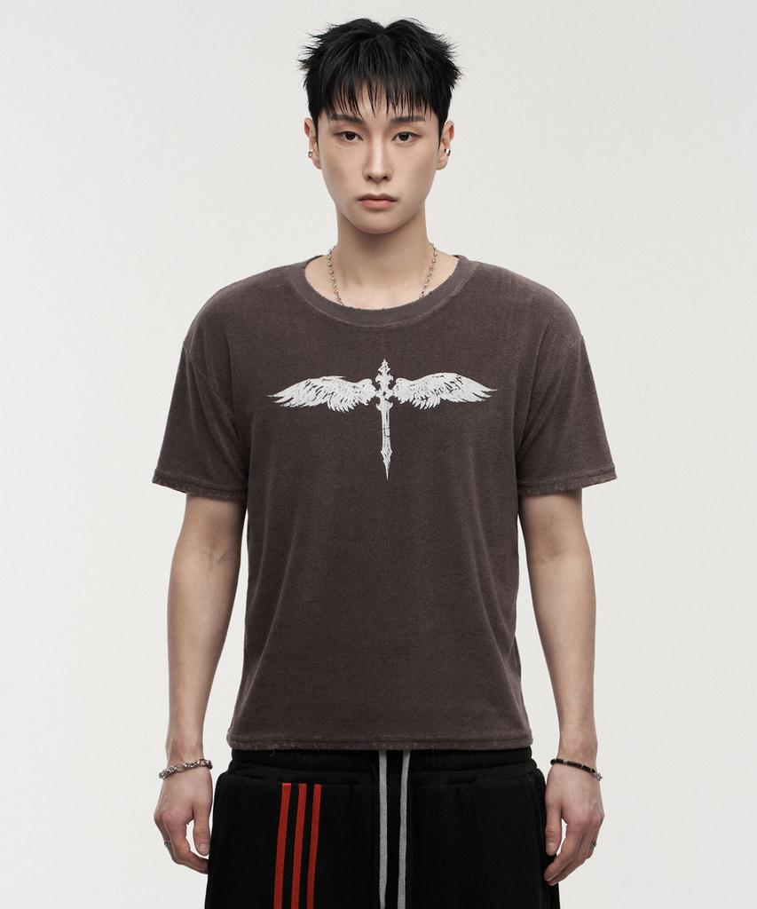LANARCHIVE [0138] Antique Cross Wing Short Sleeve T-Shirt - Black