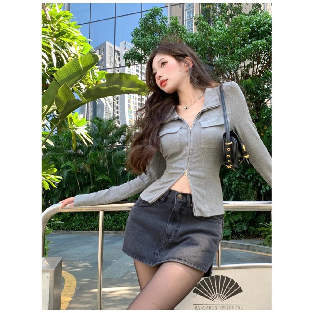 Women T-shirt Spring Autumn Clothes Ribbed Knitted Long Sleeve Short Tops Zipper Design Tee Sexy Female Slim Tops