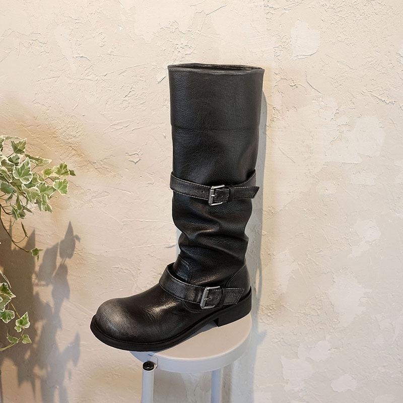 Full Cowhide Pile Western Boots 2025 Winter Thick Middle Heel Round Head Middle Heel Belt Buckle Loose High Boots Women